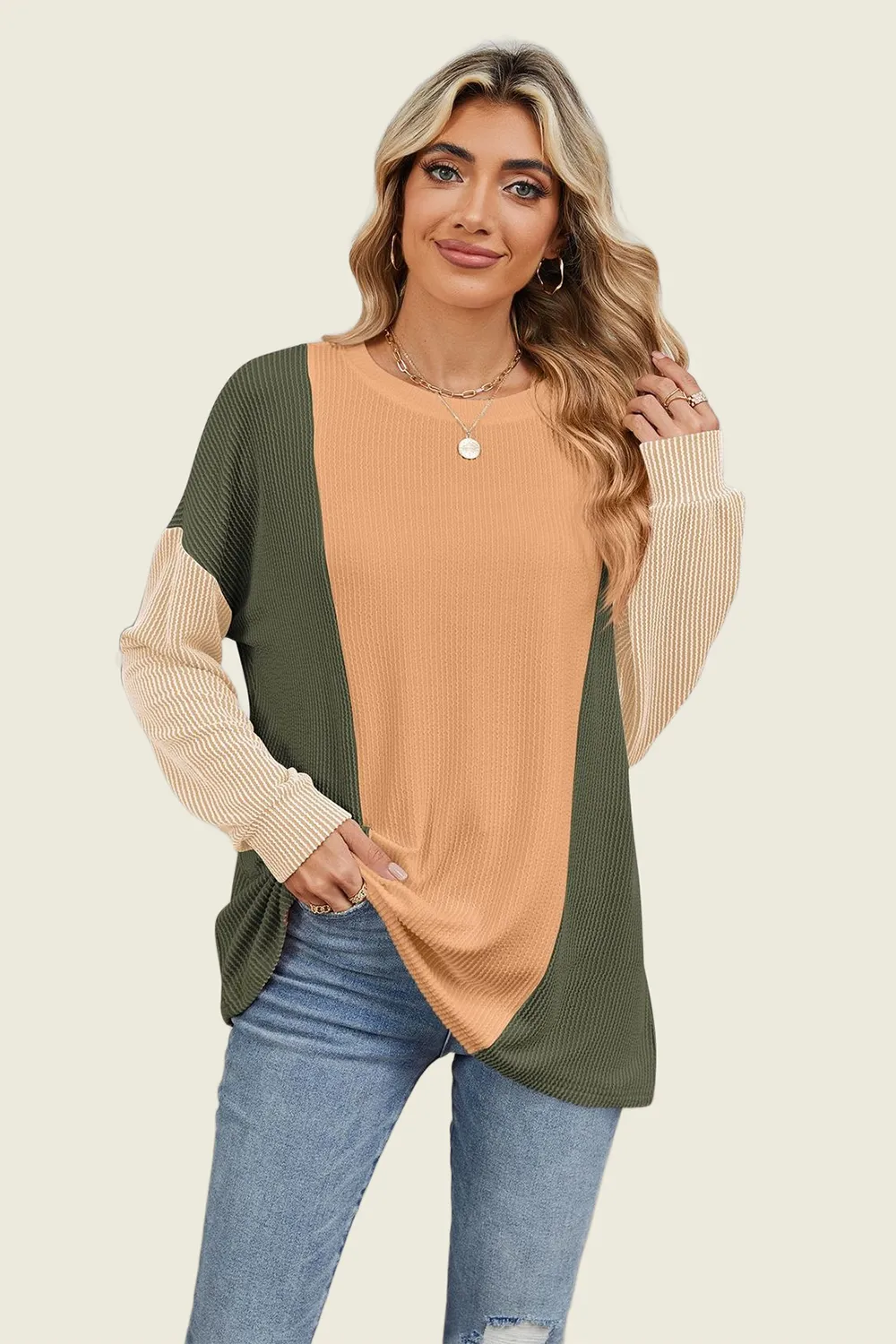 Texture Contrast Round Neck Long Sleeve T-Shirt, image 11