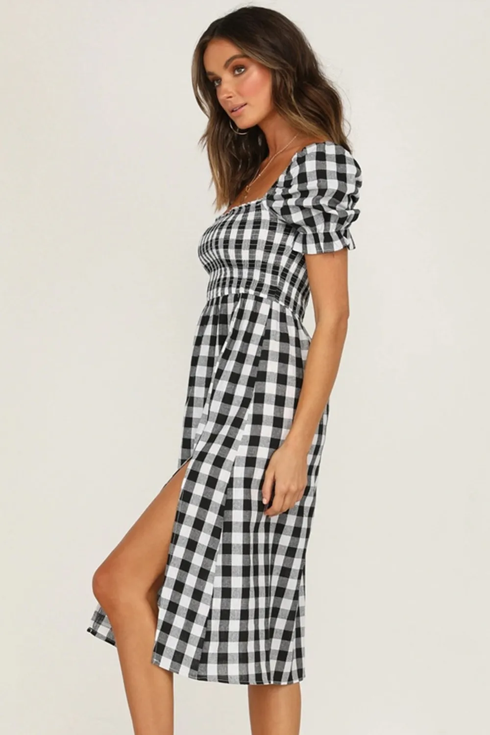Full Size Slit Plaid Short Sleeve Midi Dress, image 7