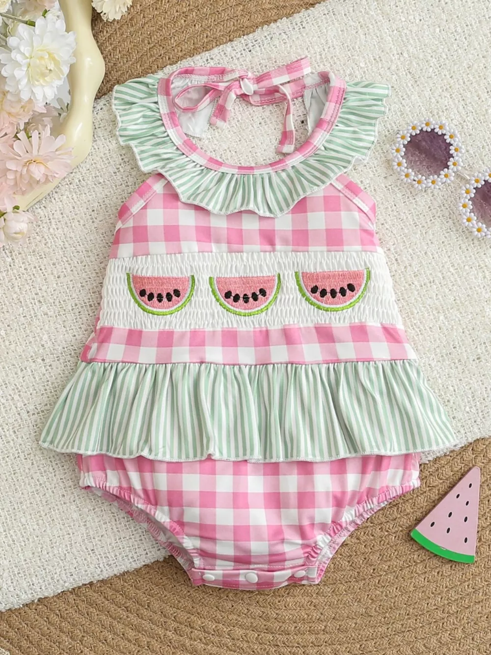Children's Watermelon Gingham Ruffle One-Piece