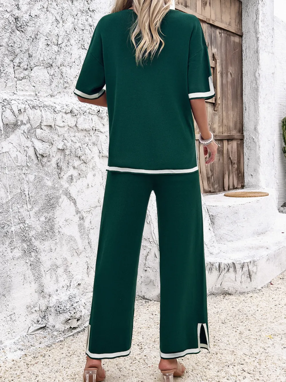 Contrast Trim Round Neck Top and Pants Set, image 20