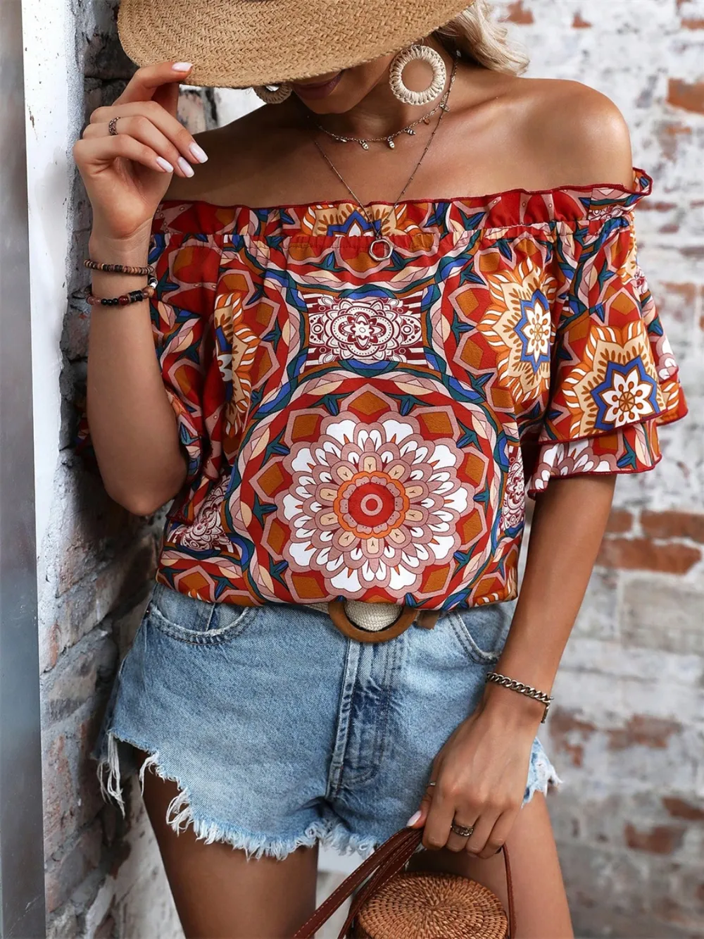 Printed Off-Shoulder Half Sleeve Blouse, image 4