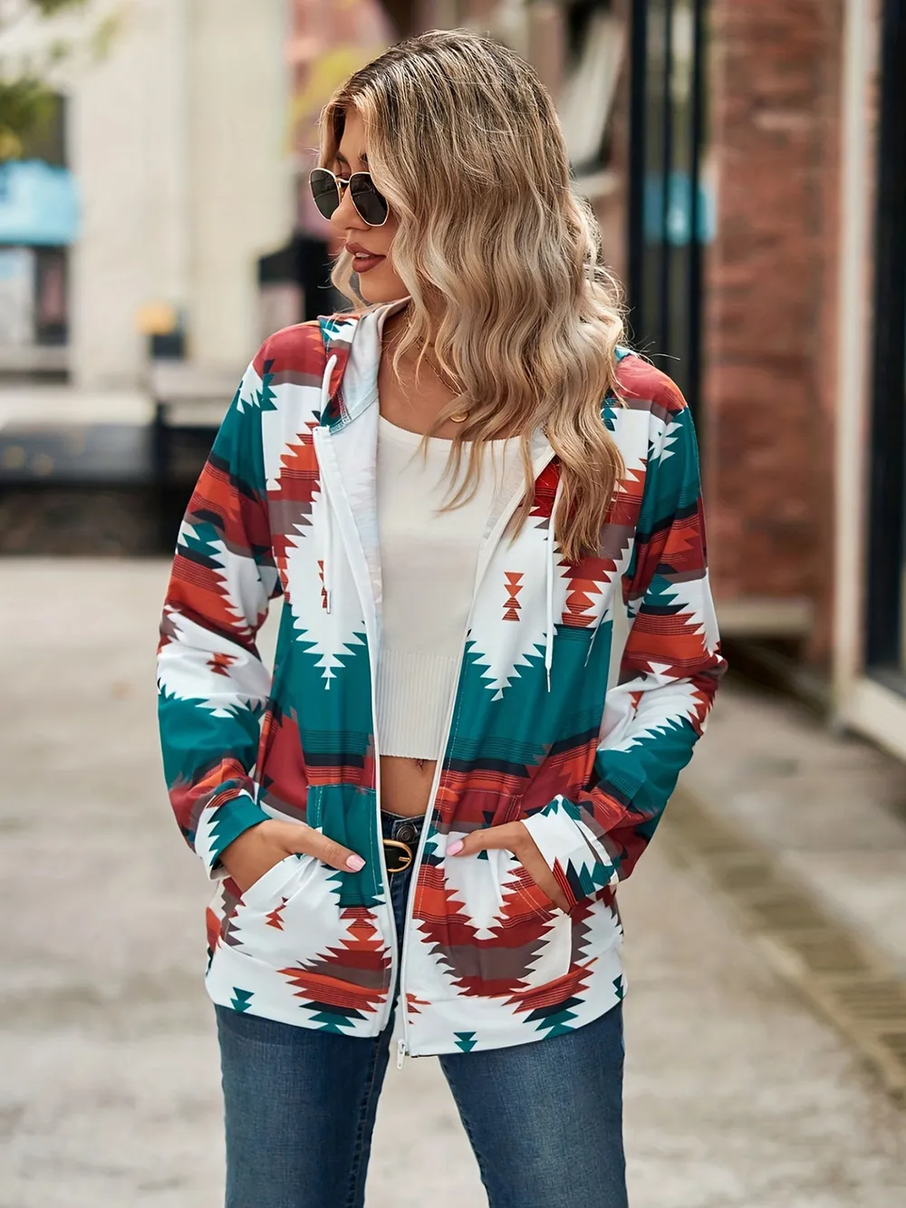 Geometric Zip Up Long Sleeve Hooded Jacket, image 14