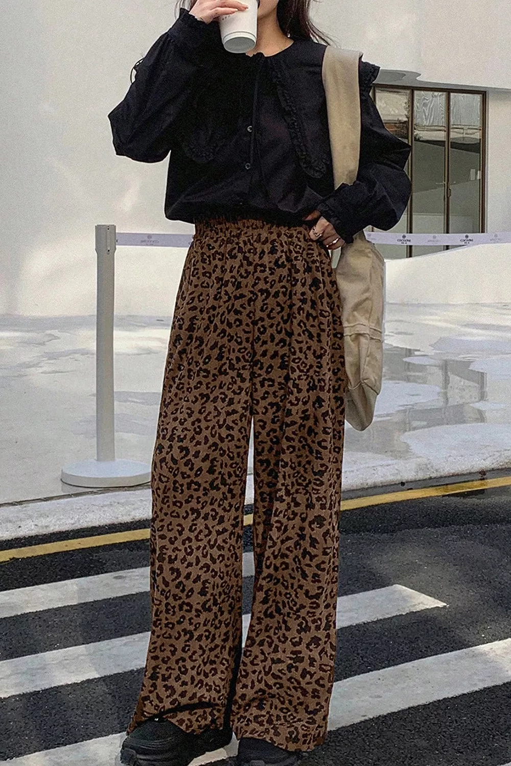 Leopard Print Elastic High Waist Loose Corduroy Pants