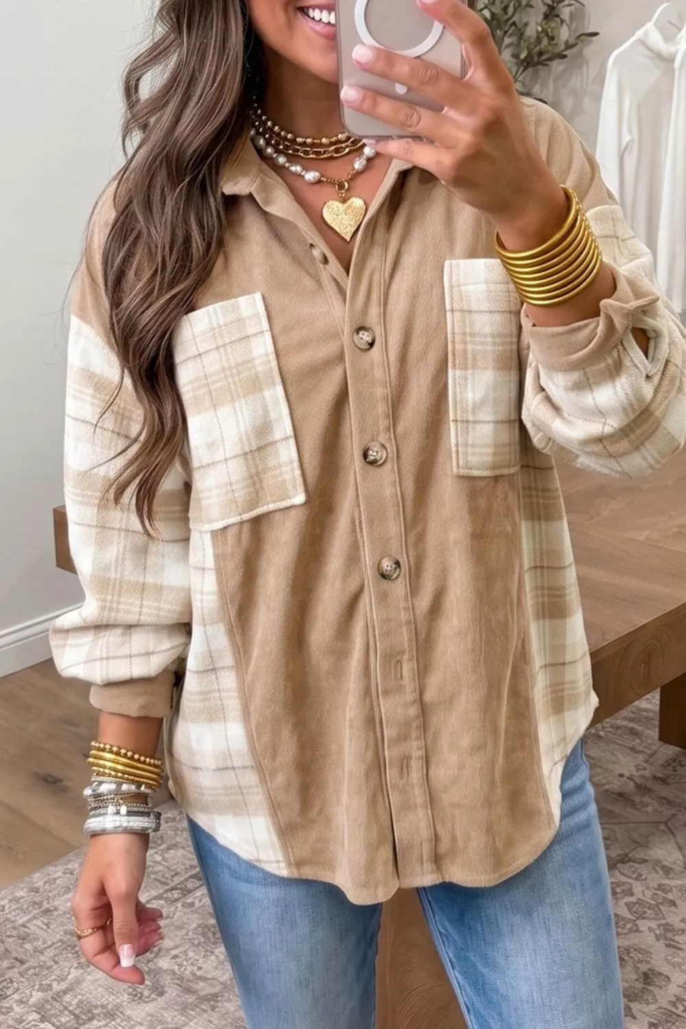 Plaid Colorblock Shirt Collar Shift Shacket, image 2