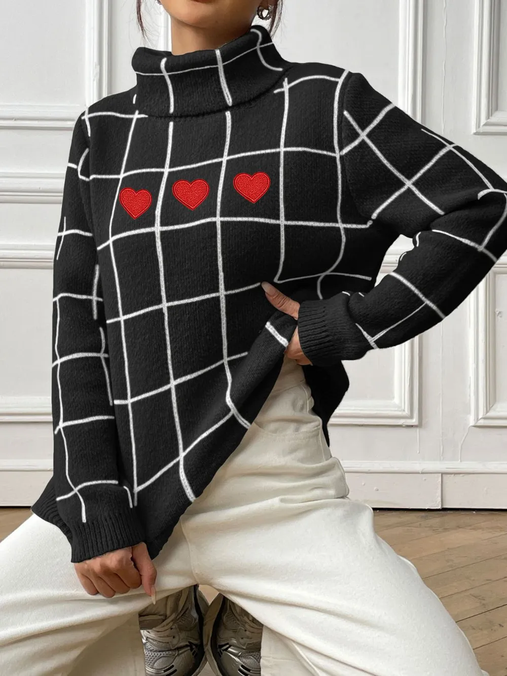 Heart Plaid Turtleneck Long Sleeve Sweater, image 6