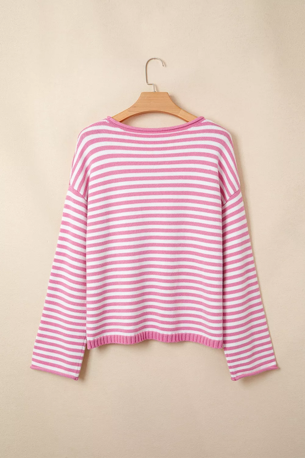 Striped Button Placket Drop Shoulder Long Sleeve Sweater, image 7
