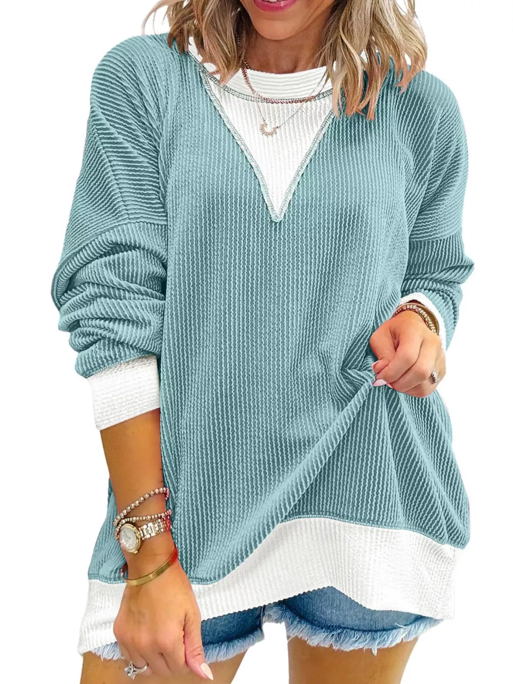 Two-Tone Ribbed Knit Sweatshirt, image 19
