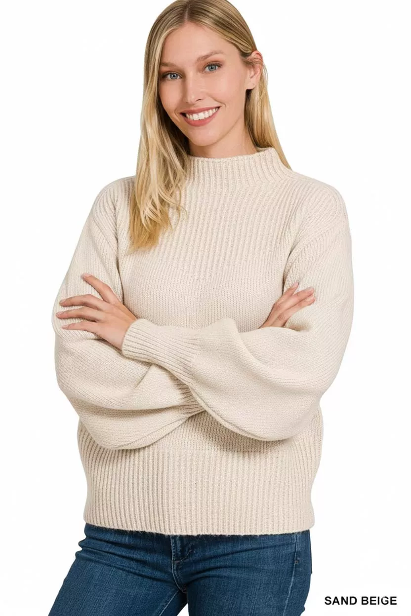 Balloon Sleeve Mock Neck Sweater, image 2