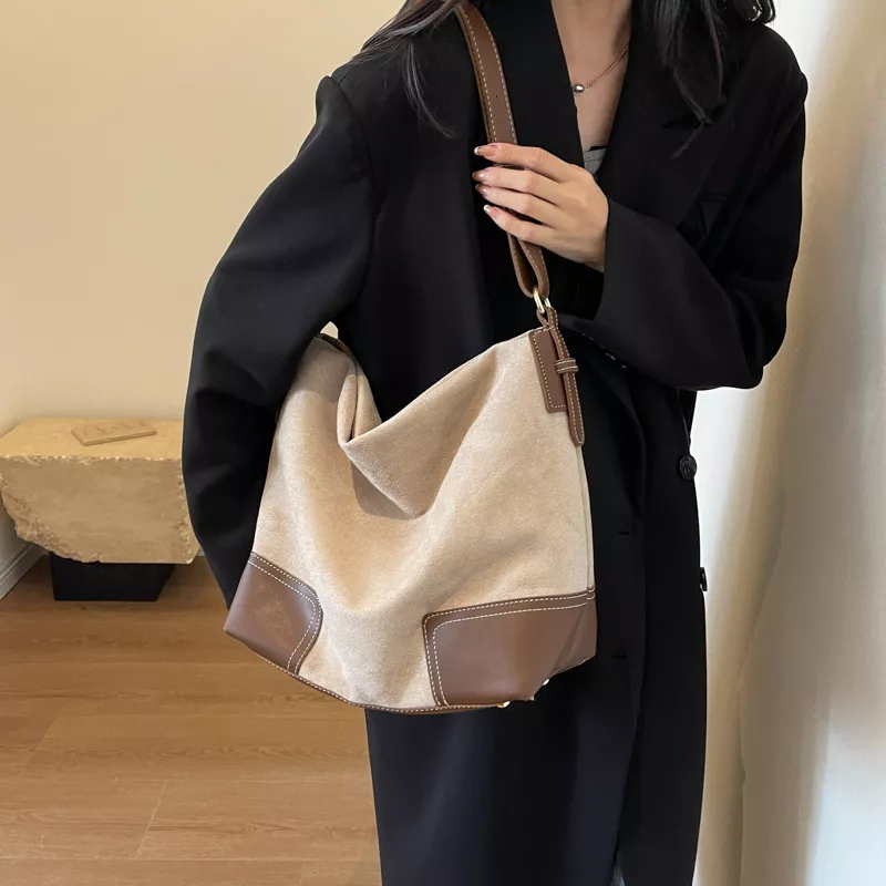 Suede Tote Bag with Leather Trim, image 5