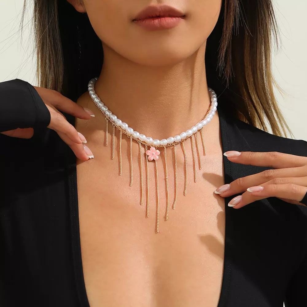 Elegant Pearl Choker Necklace with Flower Charm and Tassel Dangles, image 2