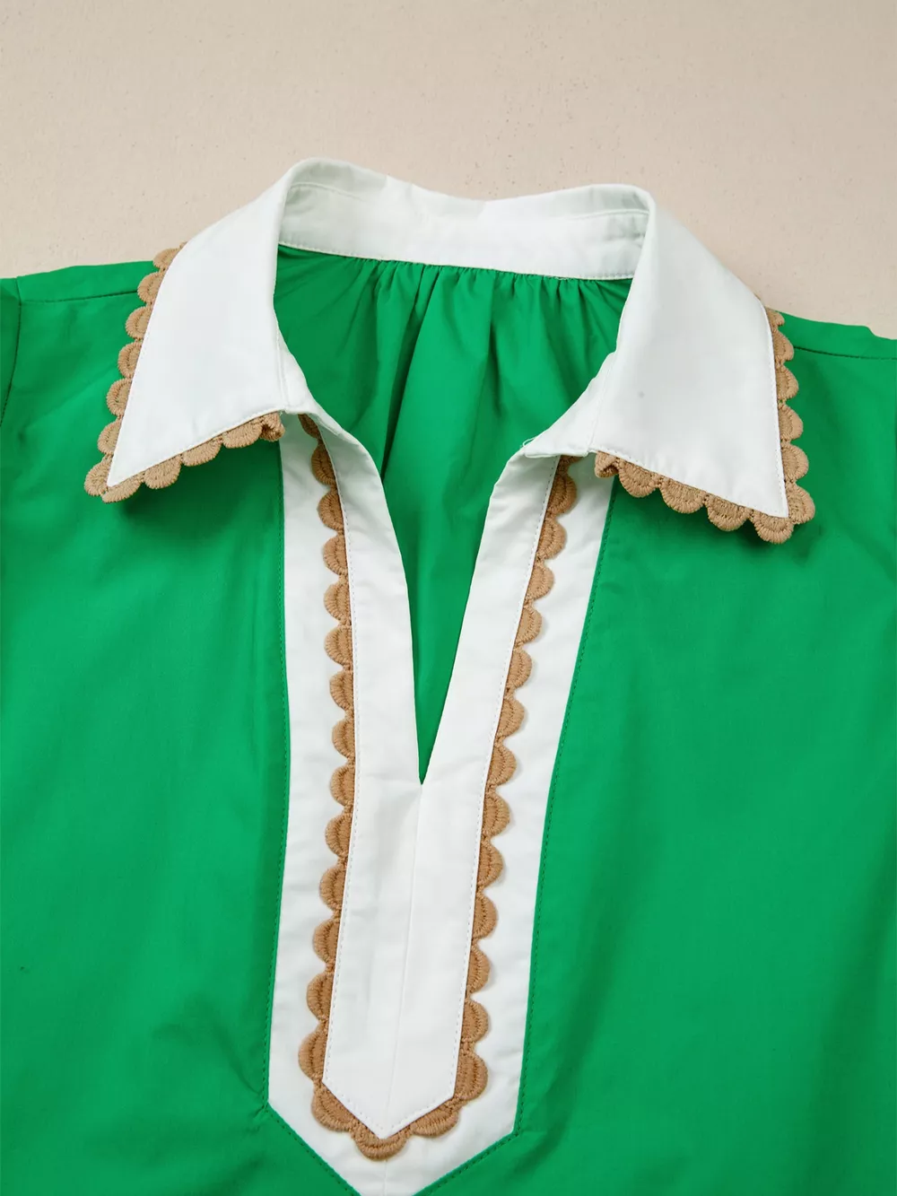 Ricrac Trim Color Block Patchwork Shirt Collar Short Sleeve Blouse, image 10