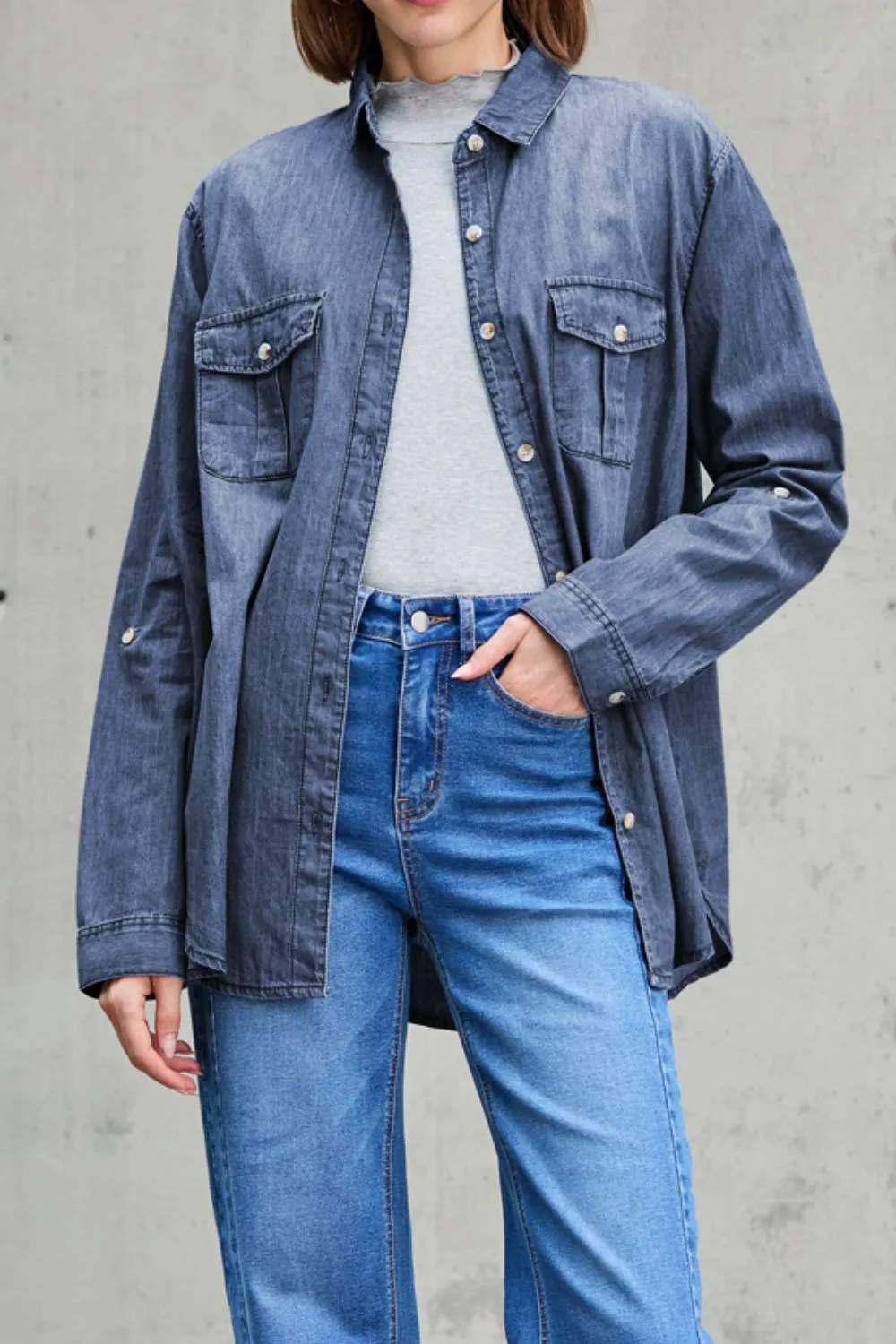 Pocketed Collared Neck Long Sleeve Denim Top, image 13