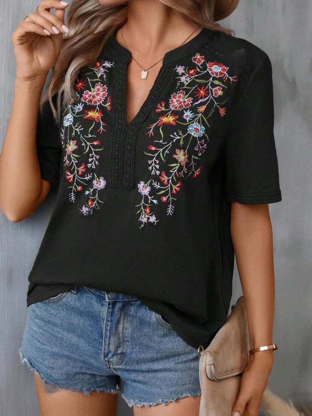 Embroidered Notched Short Sleeve T-Shirt, image 14