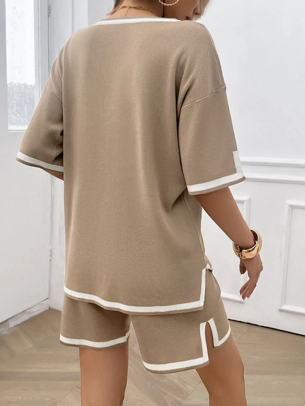 Contrast Trim V-Neck Top and Shorts Set, image 3