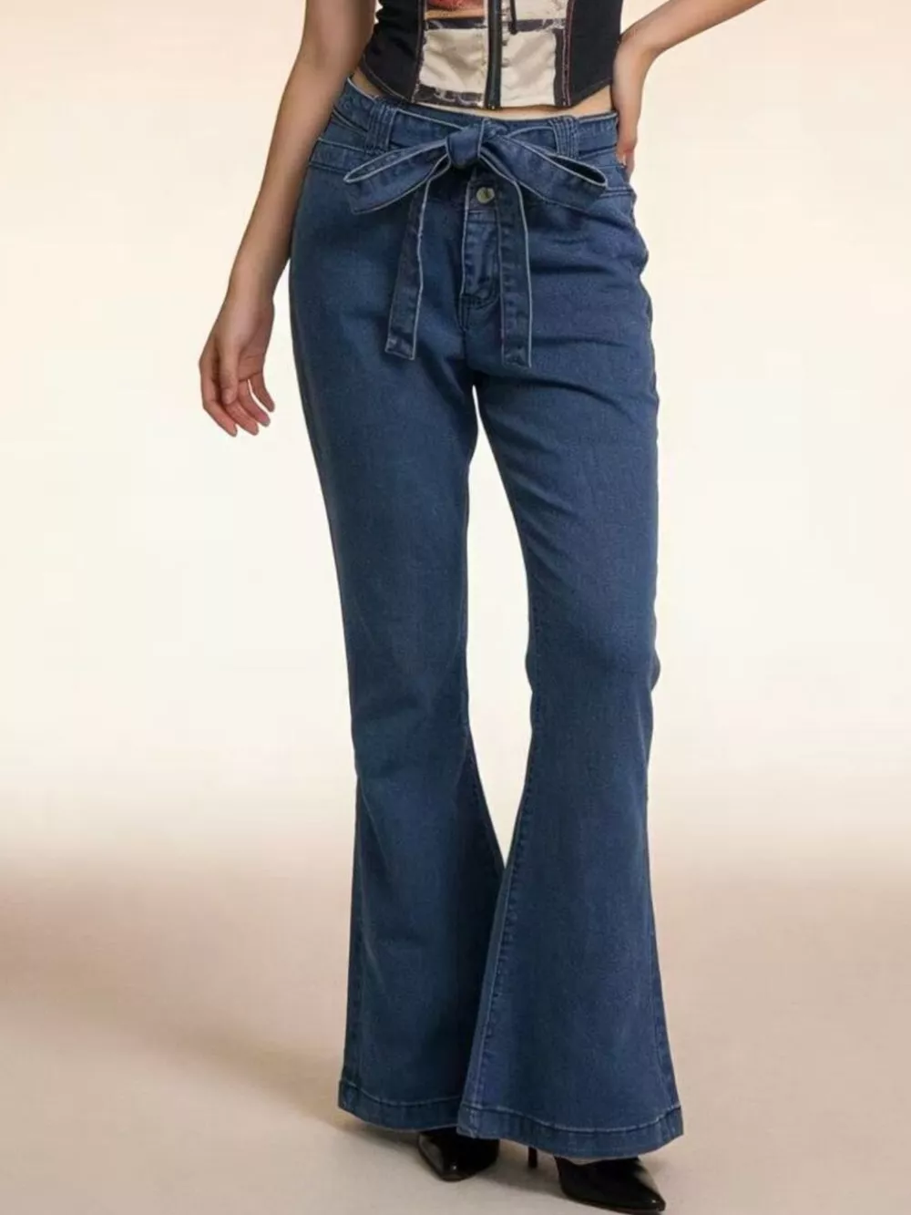 Bow-Tie High-Waisted Flare Jeans, image 2