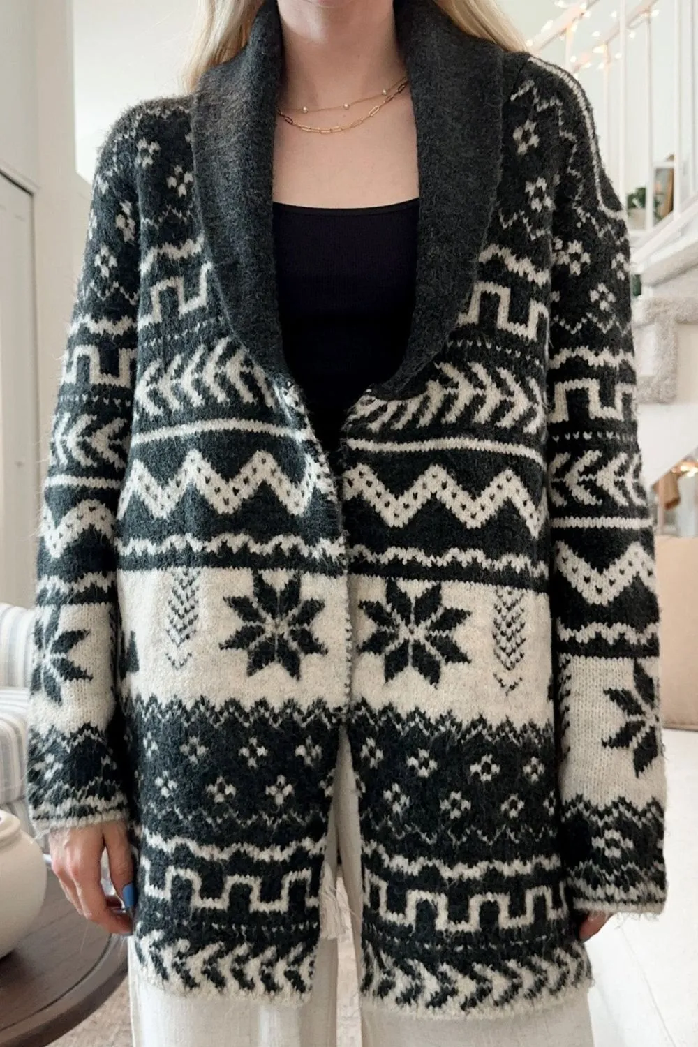Snowflakes Collared Neck Long Sleeve Cardigan, image 4