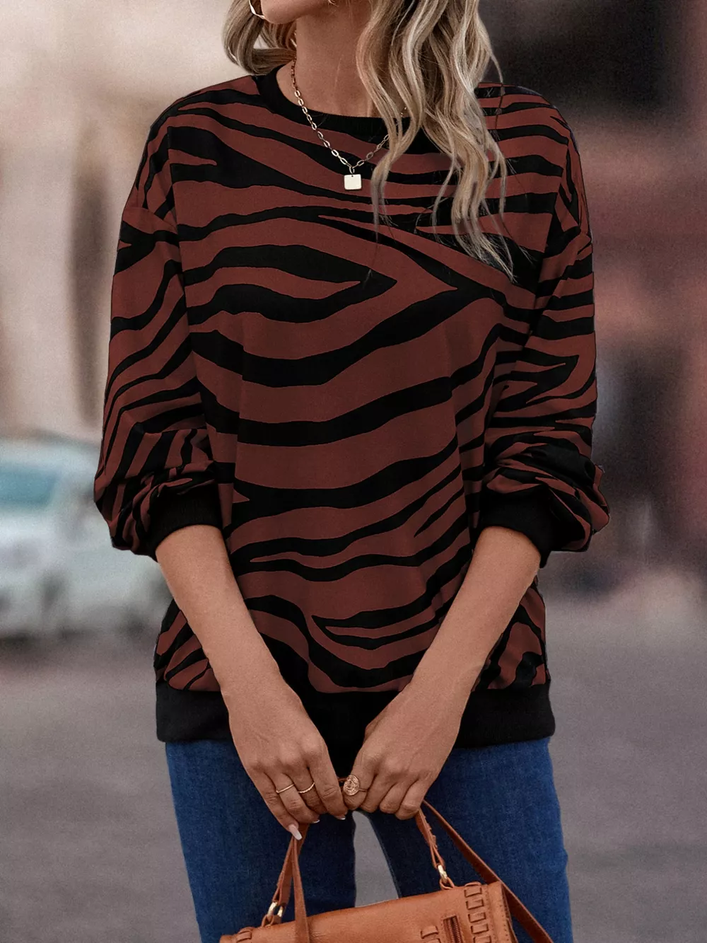 Zebra Print Round Neck Casual Sweatshirt, image 10