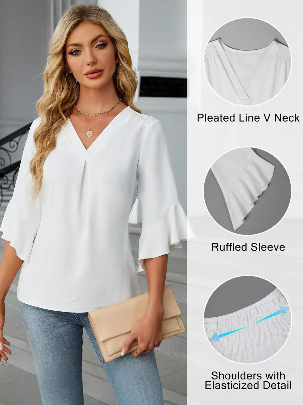 V-Neck Ruffle Sleeve Blouse, image 3