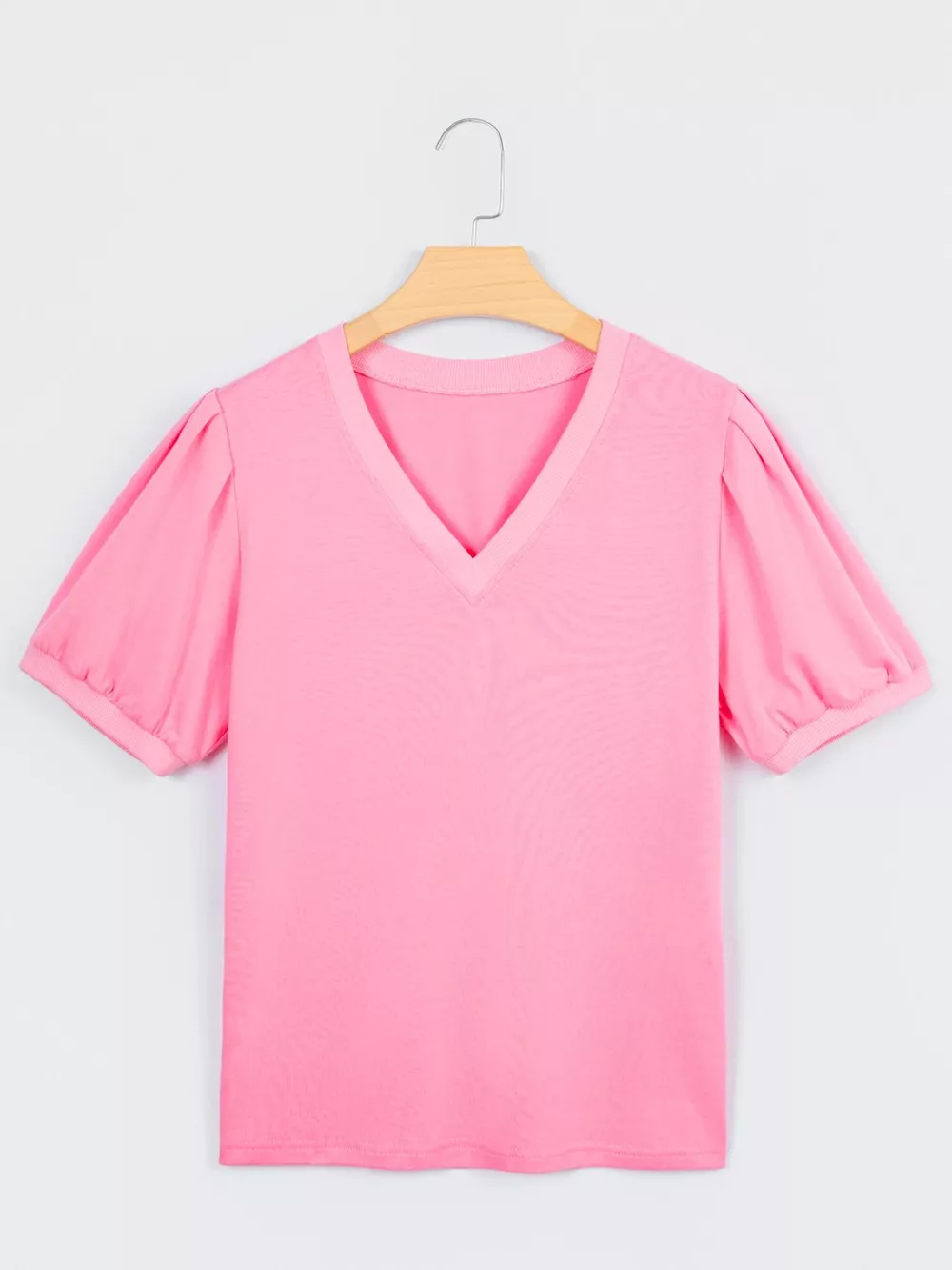Solid Color V Neck Short Puff Sleeve Blouse, image 5