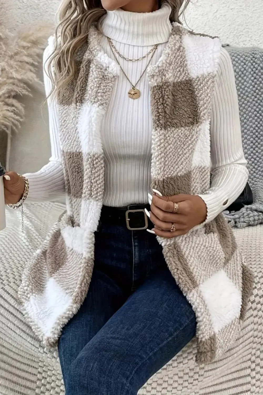Sherpa Plaid Open Front Vest Coat, image 5
