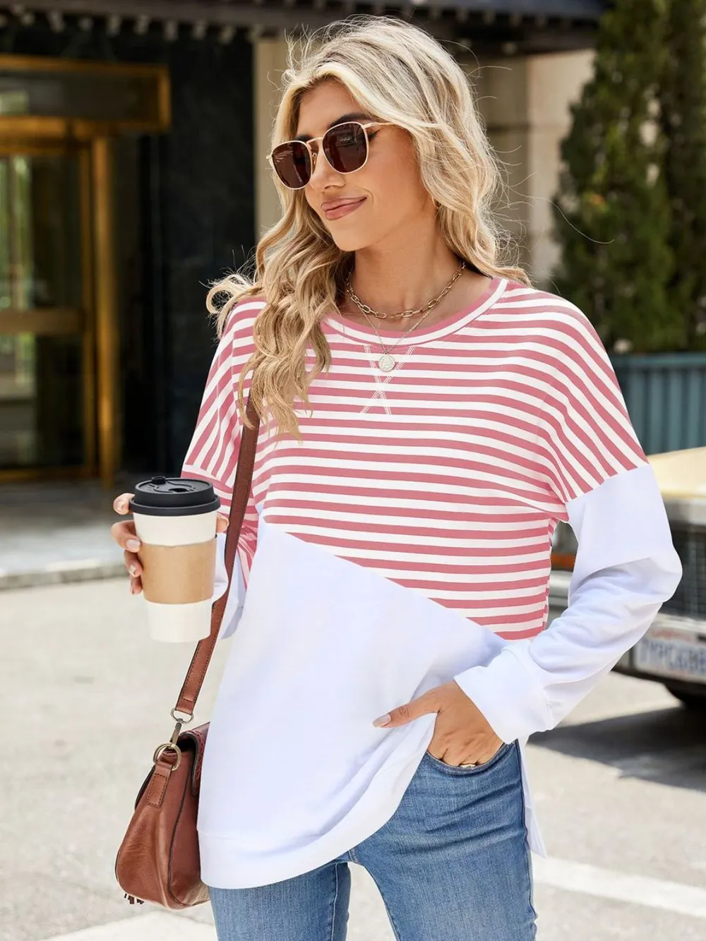 Slit Contrast Striped Long Sleeve Sweatshirt, image 13