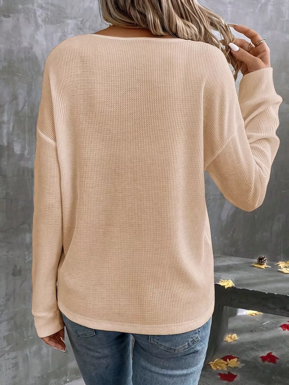 Plus Size V-Neck Long Sleeve Waffle Knit T-Shirt, image 6