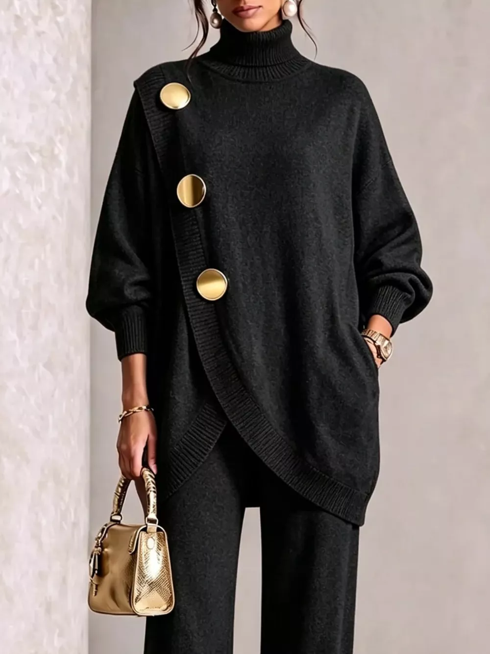 Gold Button Accent Turtleneck Sweater and Pants Set, image 12