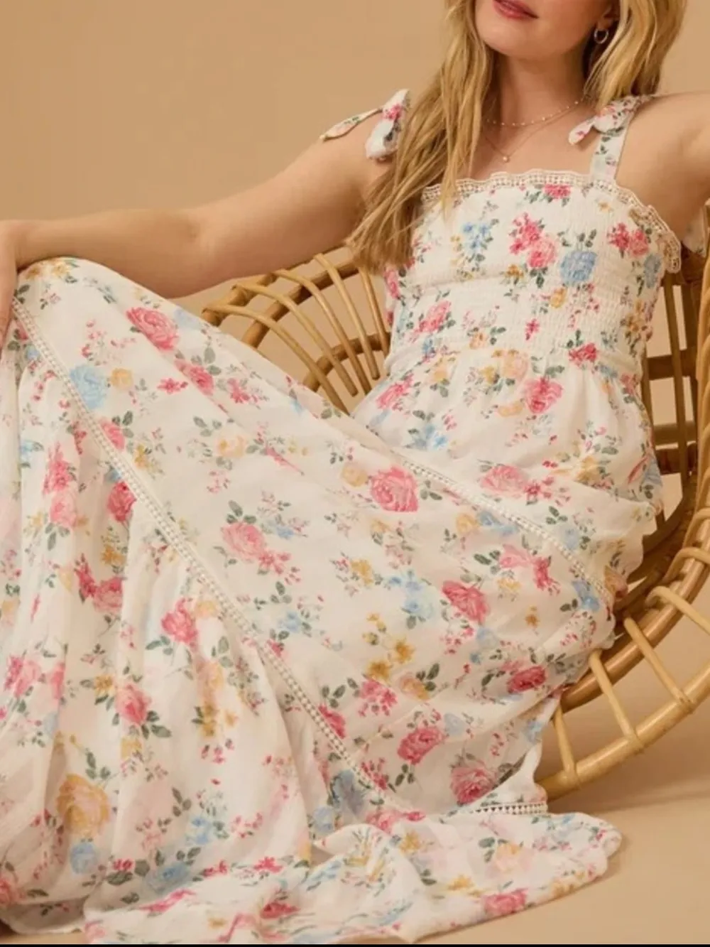 Floral Smocked Tiered Maxi Dress with Tie Straps, image 4