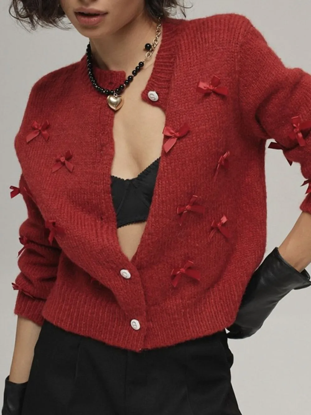 Bow Button Up Long Sleeve Cardigan, image 2