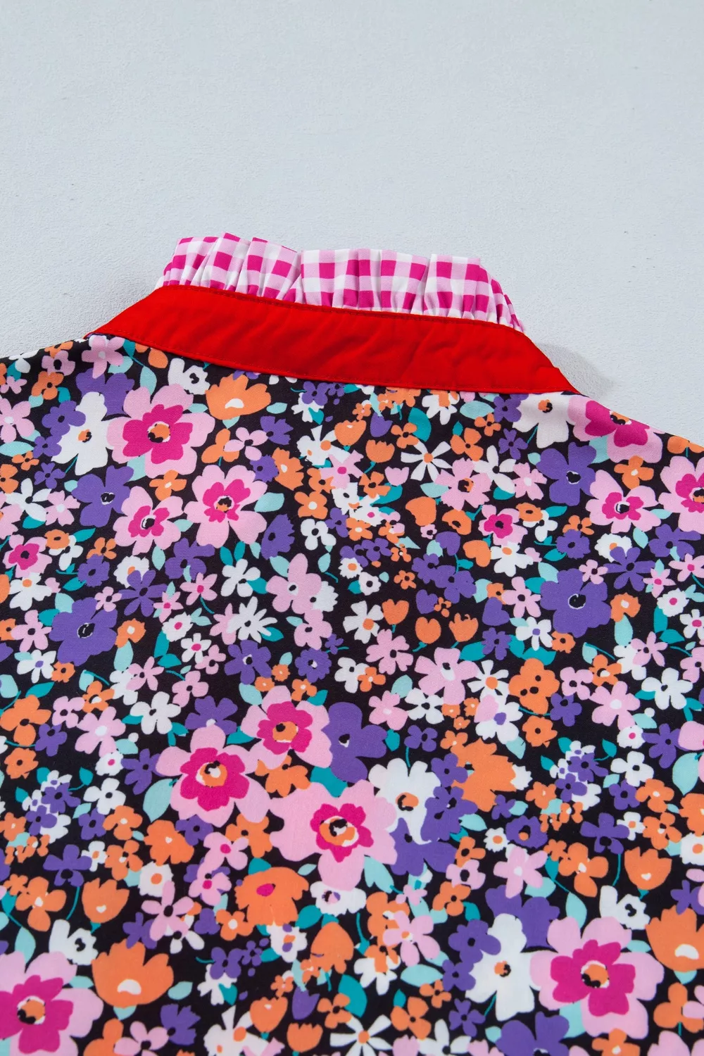 Ditsy Floral Print Plaid Colorblock Trim V Neck Blouse, image 8