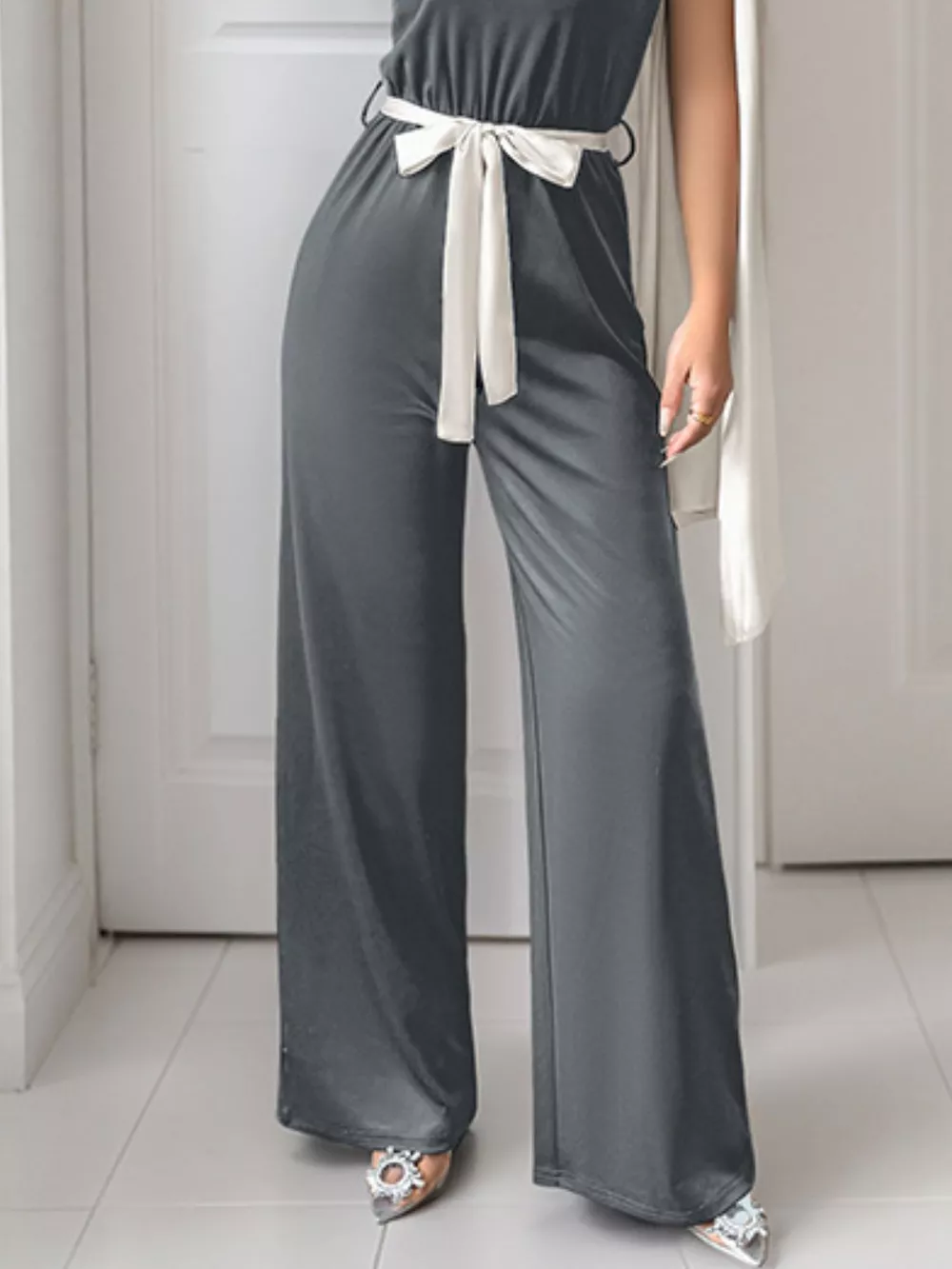 One-Shoulder Bowknot Wide Leg Jumpsuit, image 11