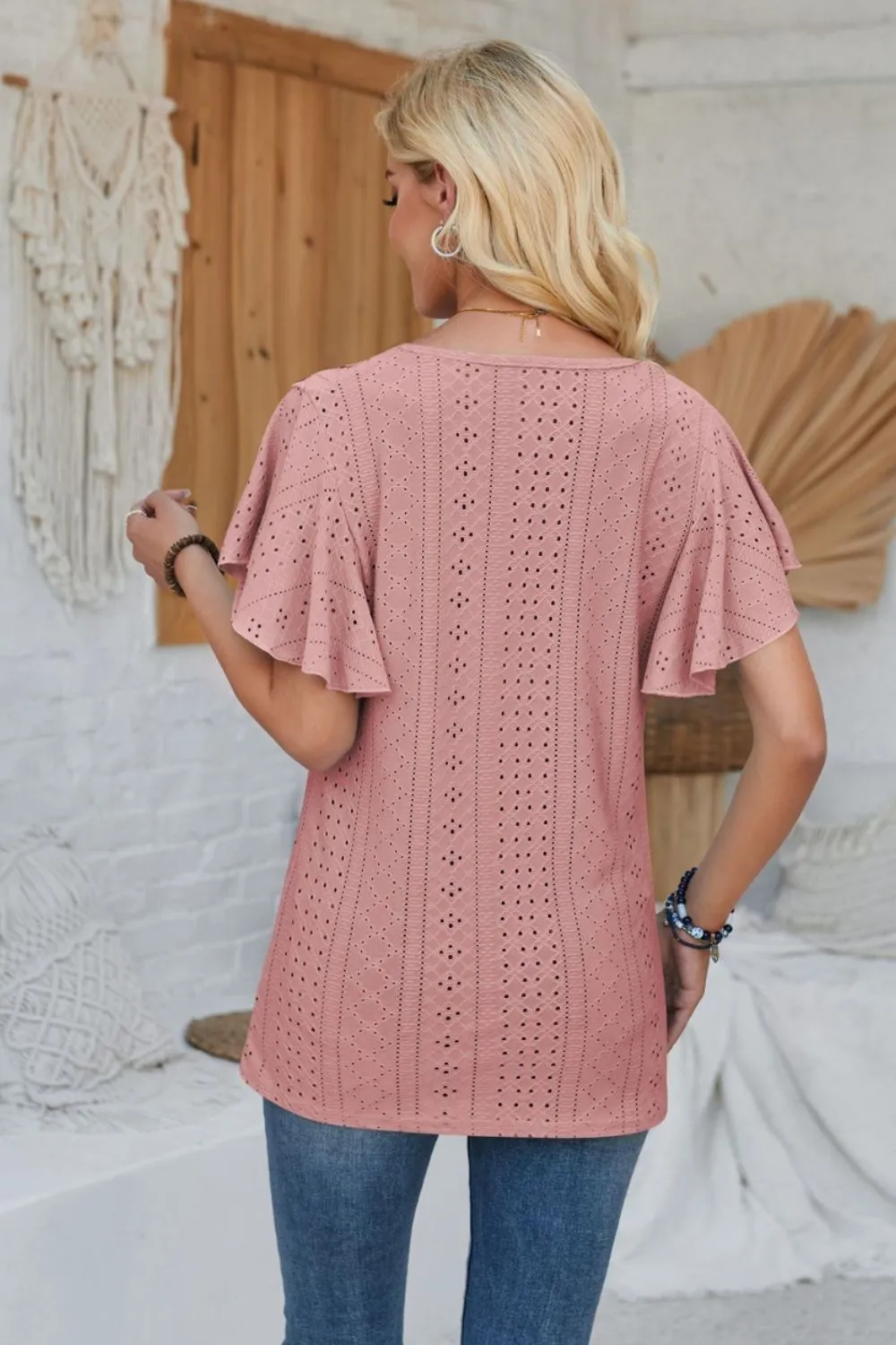 Eyelet Applique V-Neck Cap Sleeve T-Shirt, image 28