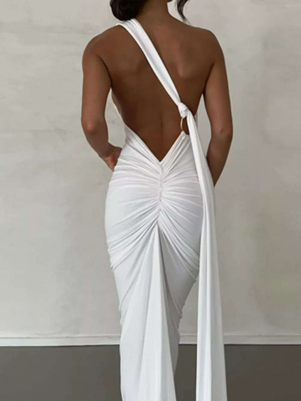 Backless One-Shoulder Ruched Bodycon Maxi Dress, image 24