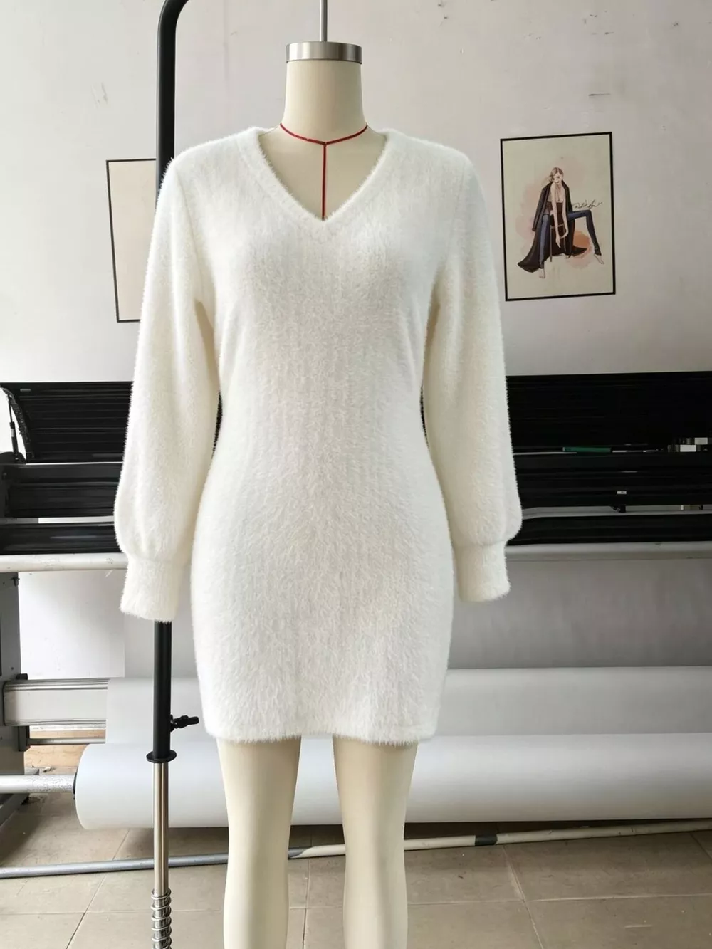 Fuzzy V-Neck Long Sleeve Sweater Dress, image 7