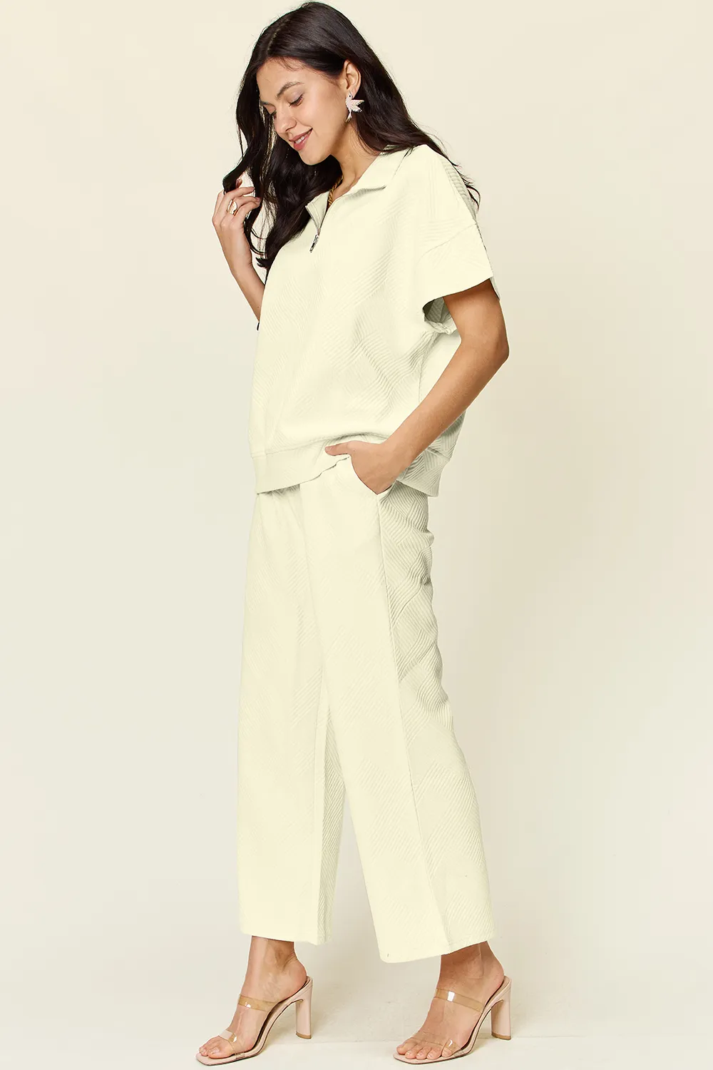 Full Size Texture Half Zip Short Sleeve Top and Pants Set, image 11