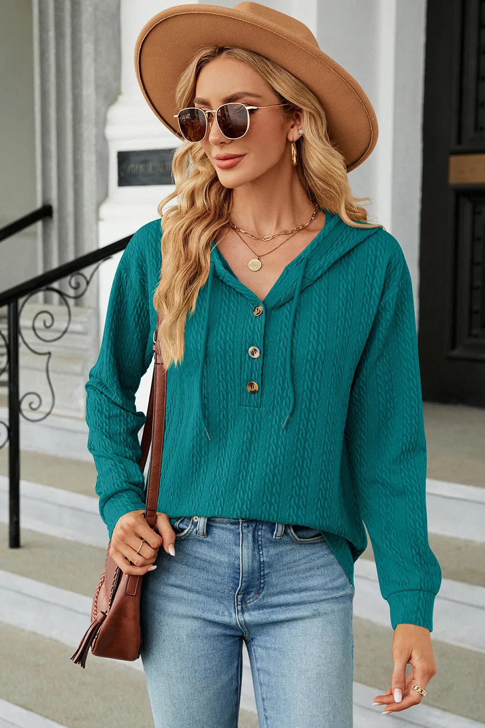 Drawstring Half Button Long Sleeve Hoodie, image 19