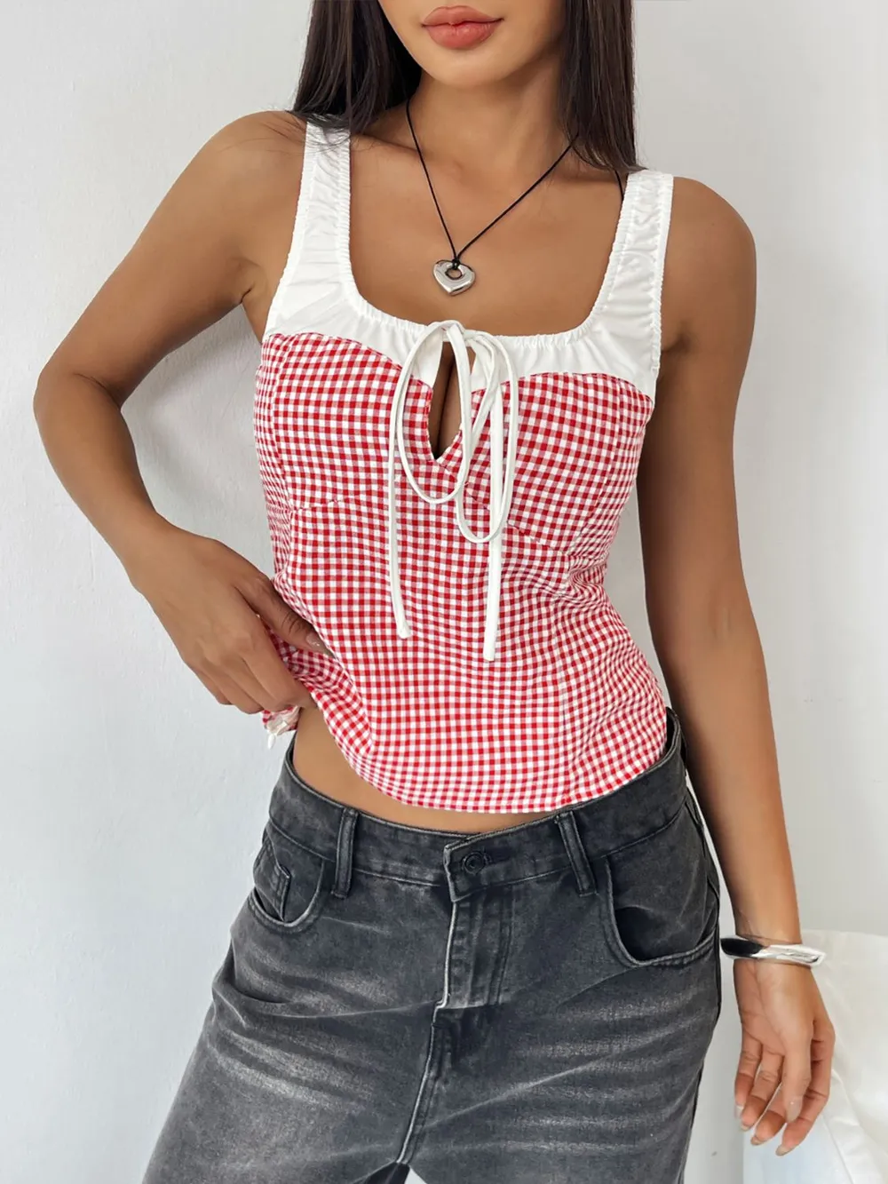 Contrast Plaid Square Neck Tank, image 4