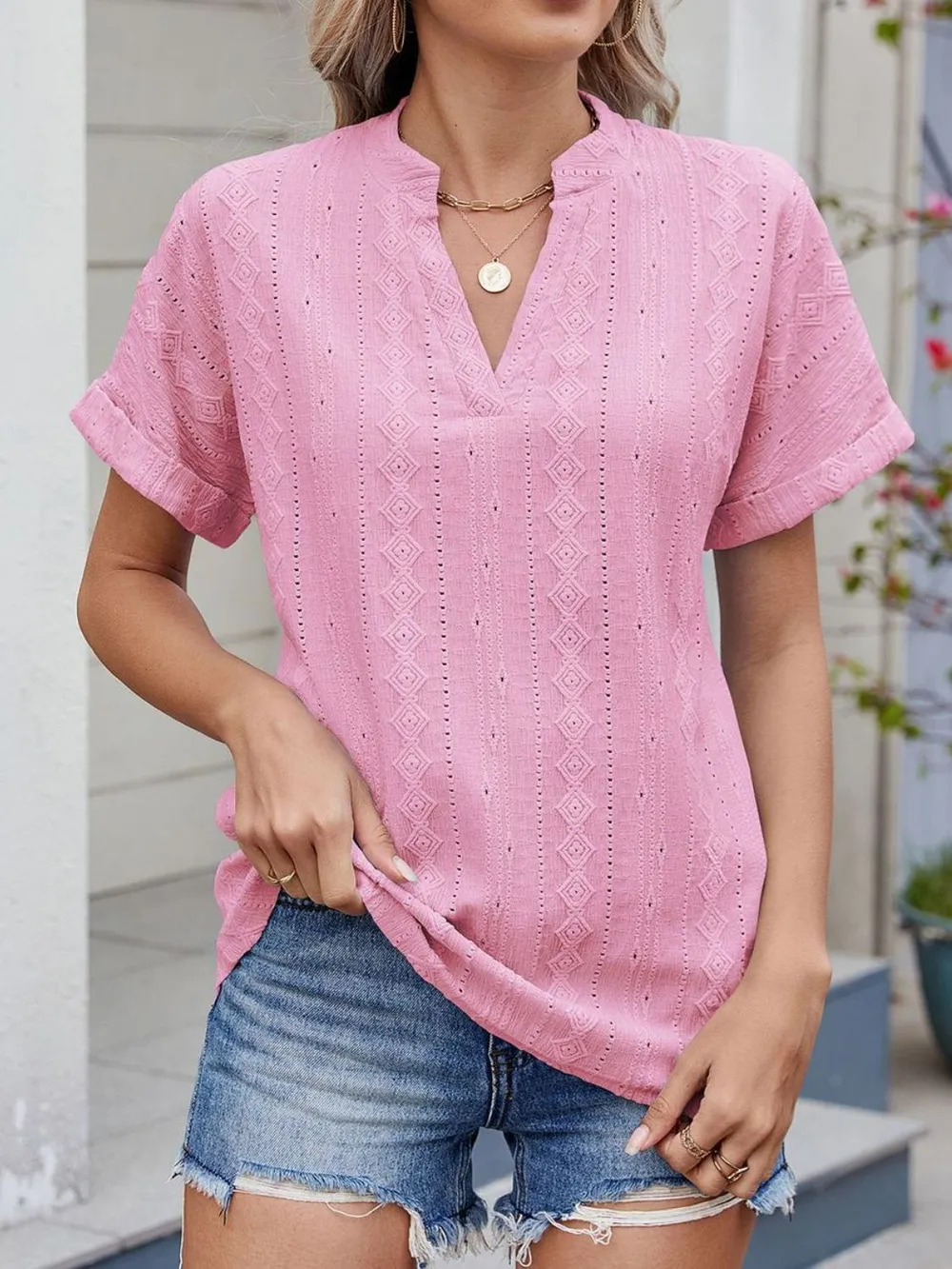 Eyelet Notched Short Sleeve Top, image 22