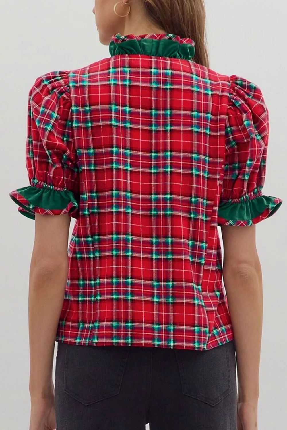 Plaid V Neck Ruffle Color Block Trim Short Sleeve Shirt, image 4
