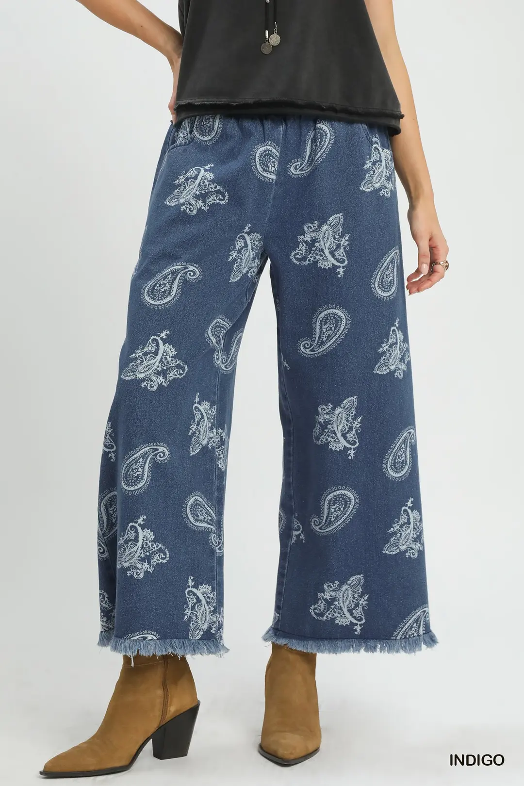 Denim Paisley Wide-Leg Pants