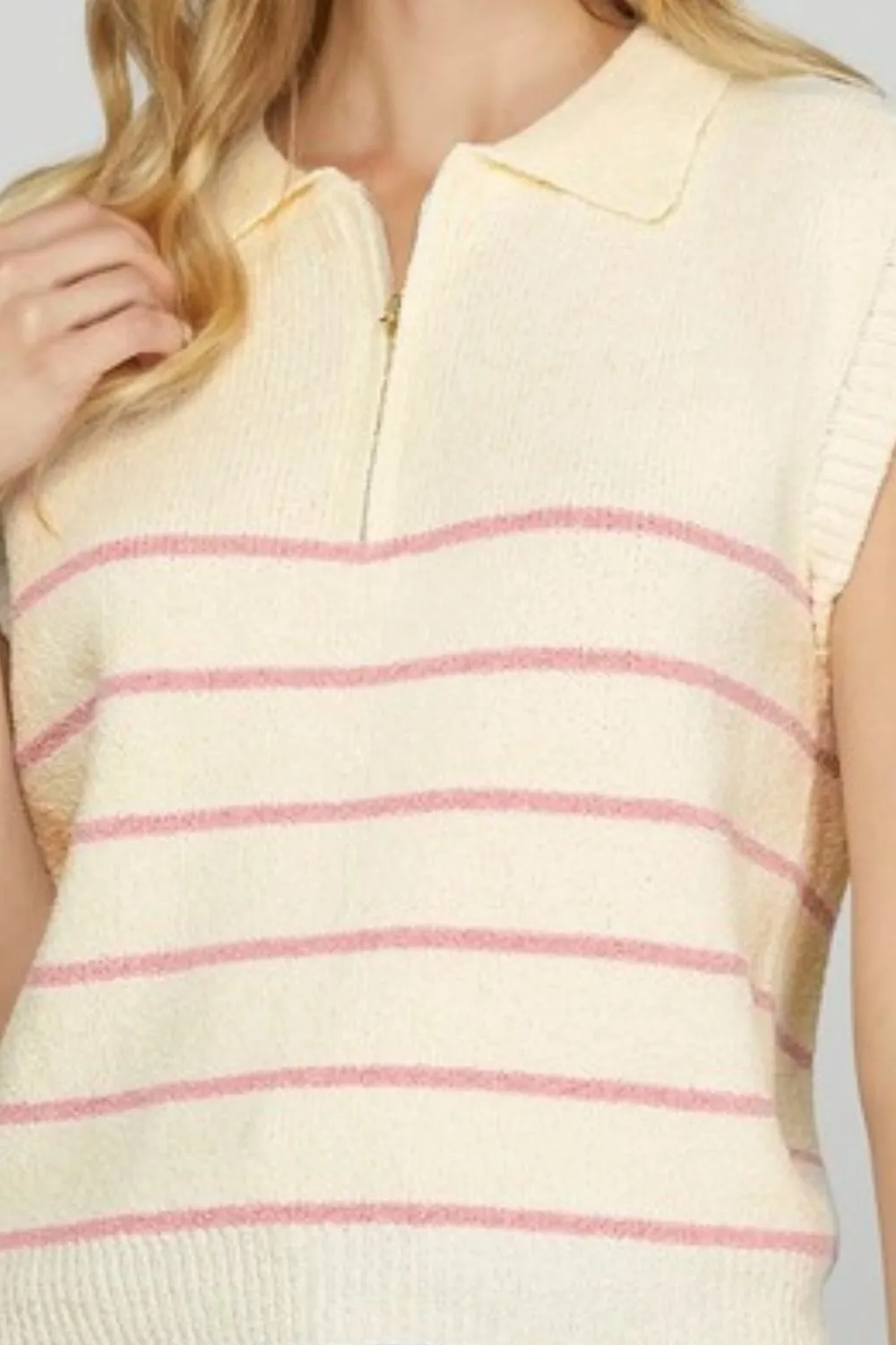 Full Size Ribbed Hem Striped Half Zip Sweater Vest Plus Size, image 3