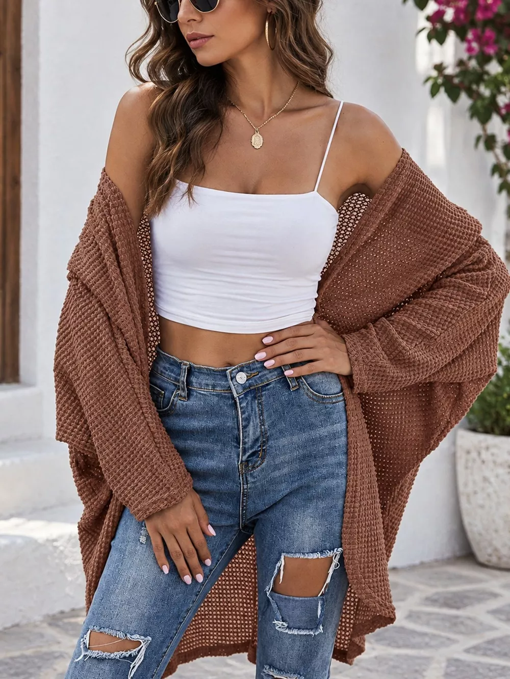 Waffle Knit Open Front Oversized Cardigan, image 4
