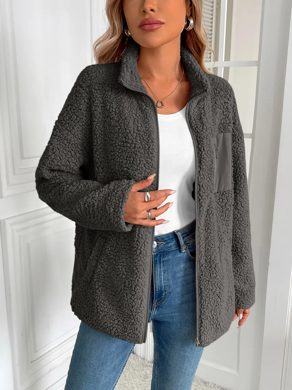 Zip Up Long Sleeve Fuzzy Jacket, image 16