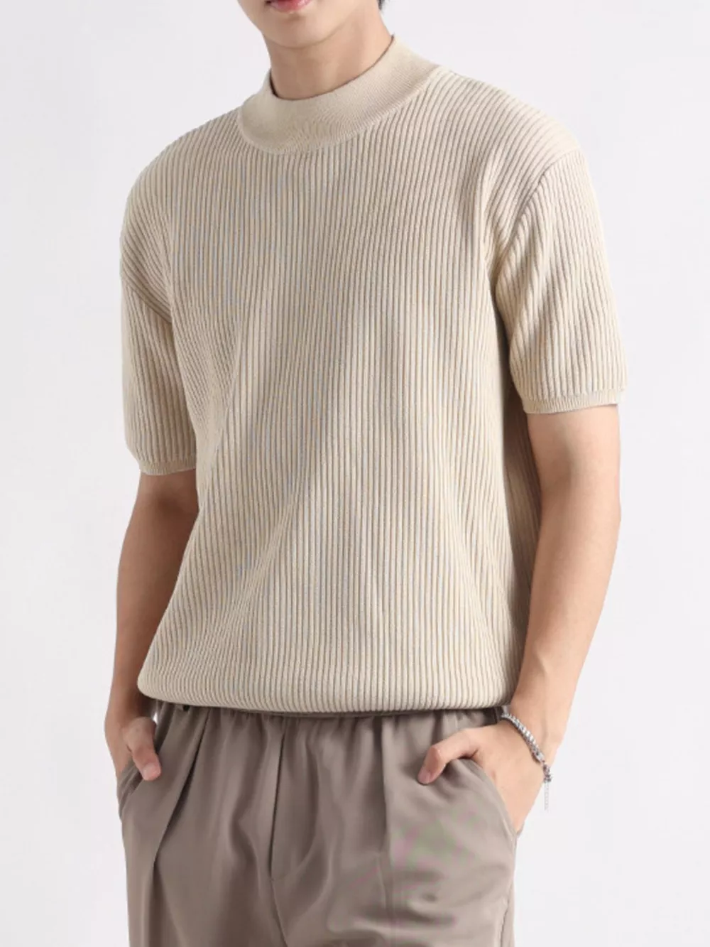 Men's Plus Size Ribbed Knit Mock Neck Short Sleeve T-Shirt