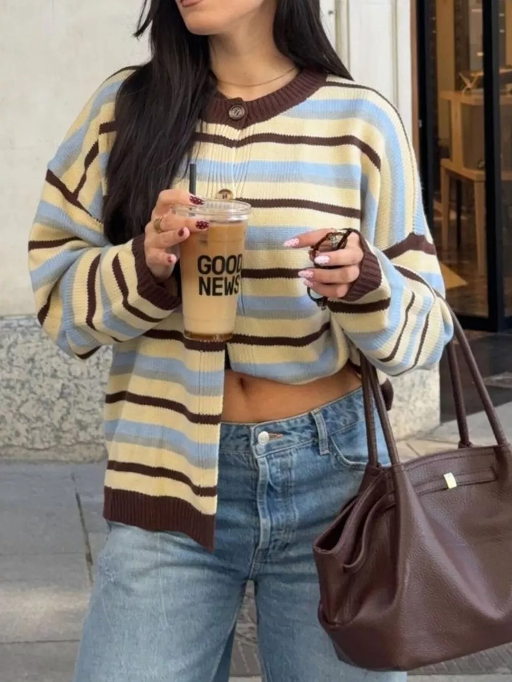 Striped Crew Neck Button-Down Cardigan, image 2
