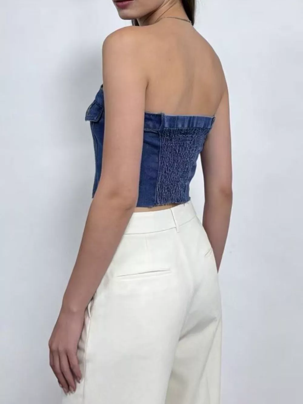 Button Front Denim Tube Top, image 5