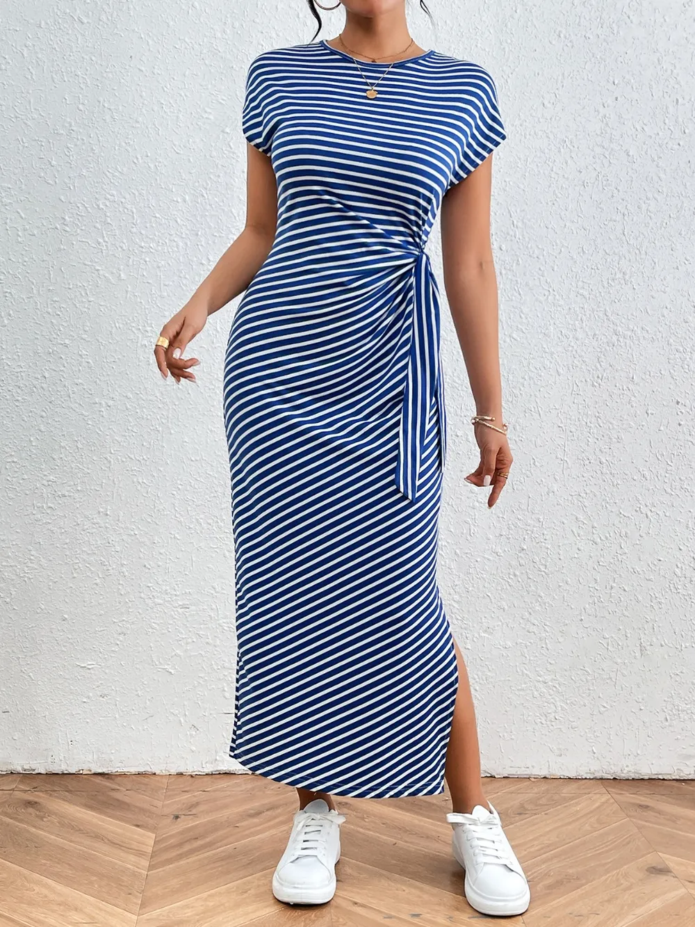 Tied Striped Round Neck Short Sleeve Tee Dress, image 17