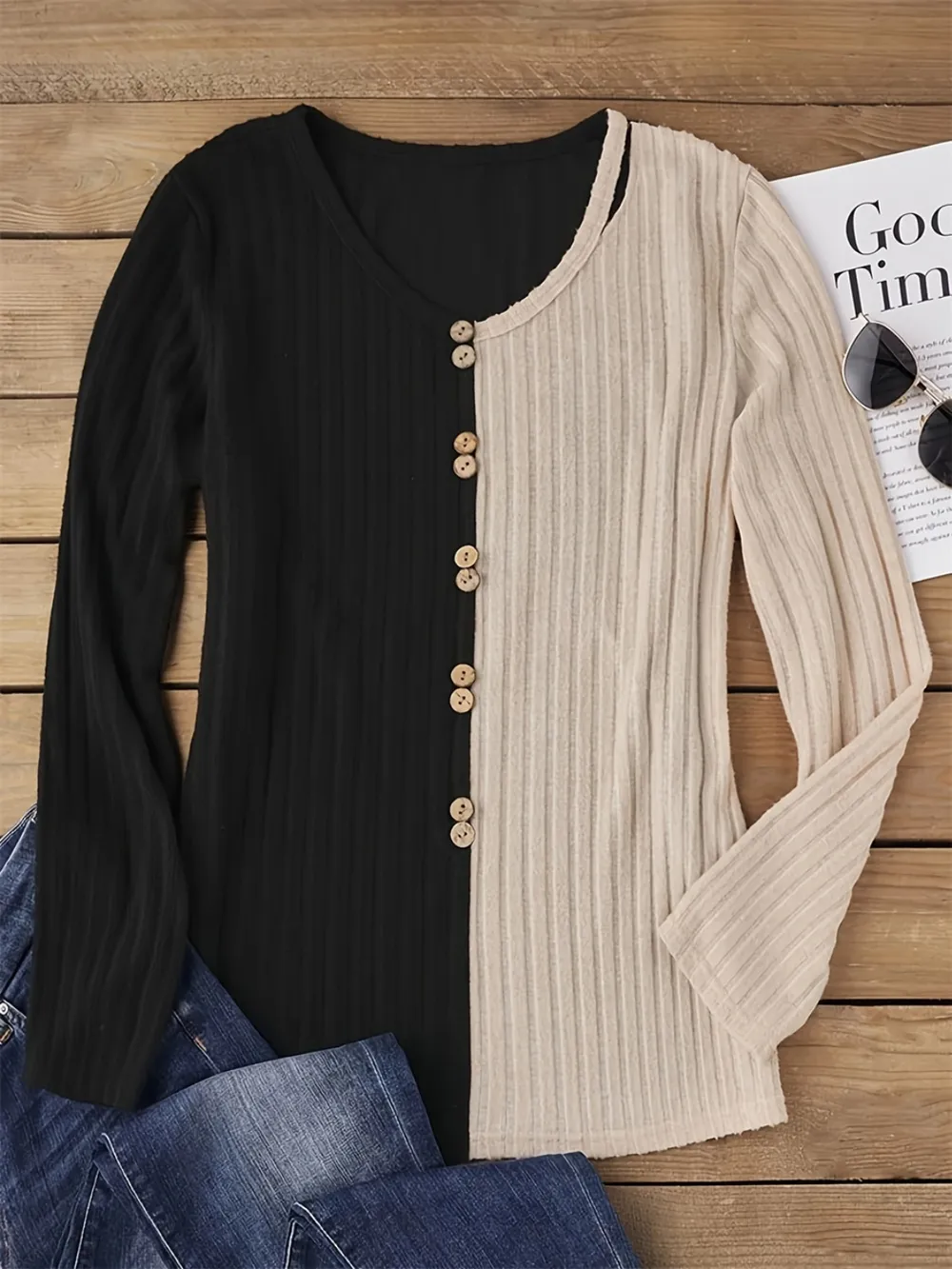 Decorative Button Contrast Round Neck Long Sleeve T-Shirt, image 3