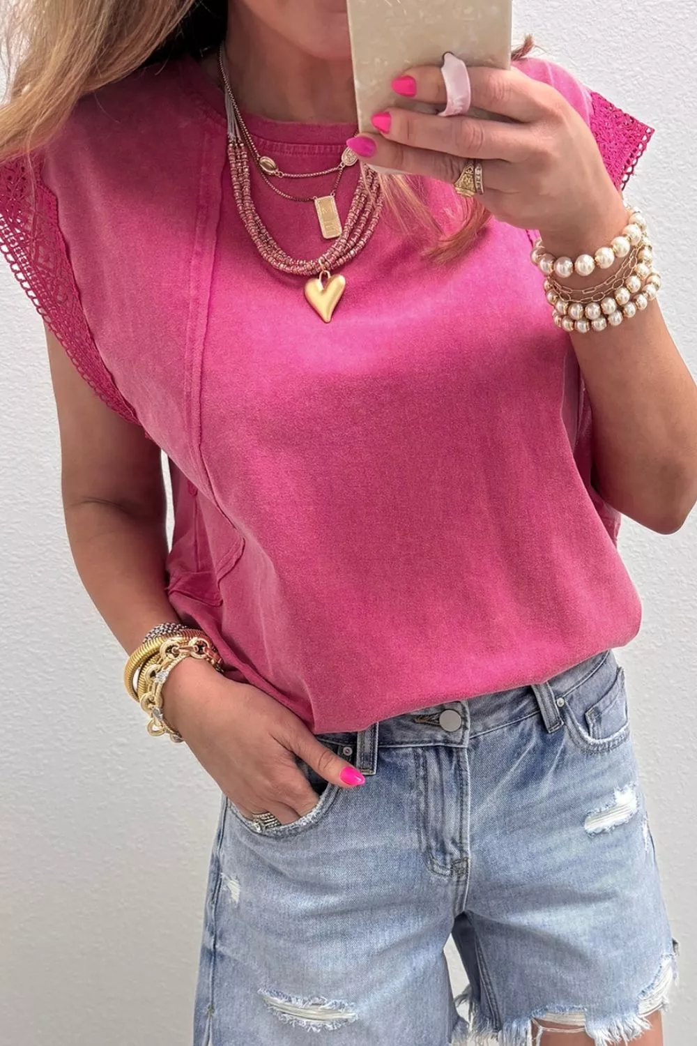 Mineral Wash Raw Seam Detail Lace Trim Cap Sleeve Top, image 4