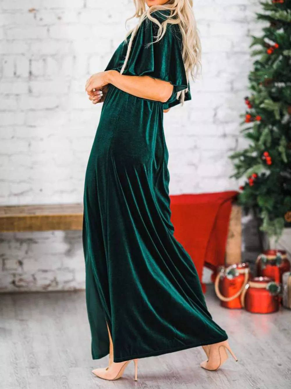 Slit Round Neck Flutter Sleeve Velvet Maxi Dress, image 4